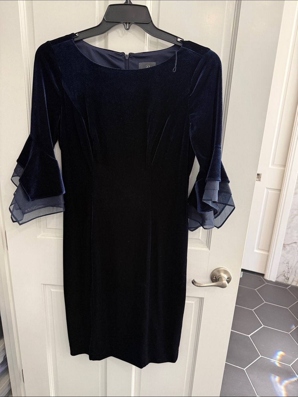 Adrianna Papell Deep Navy Velvet Midi Dress with Sheer Tiered Bell Sleeves
